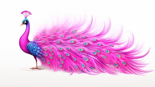 iridescent pink unicorn with peacock plumage mane and very long peacock plumage tail on a white background, realistic --ar 16:9 --c 10