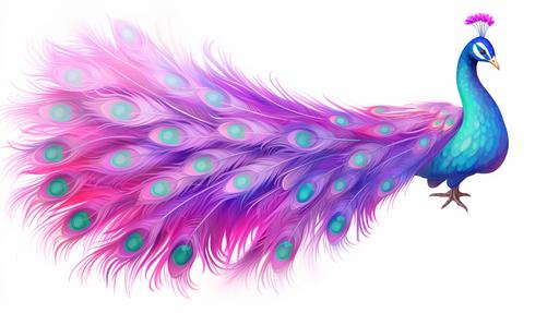 iridescent pink unicorn with peacock plumage mane and very long peacock plumage tail on a white background, realistic --ar 16:9 --c 10