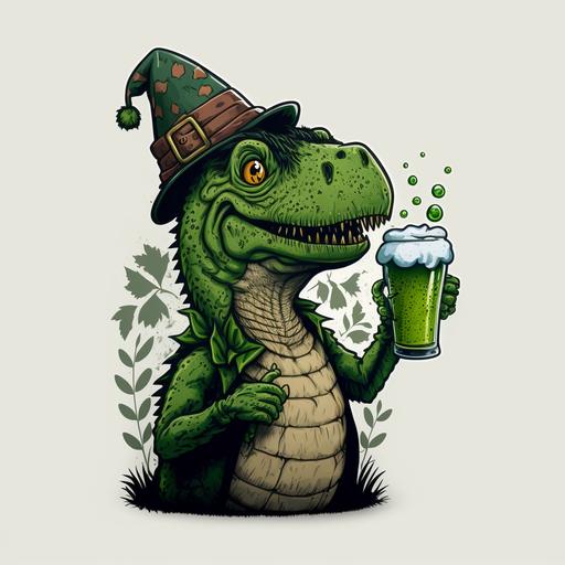 irish drunk tyrannosaur holding beer glass, green gnome hat, funny, four leaf clover, grunged, vector, cartoon, comic, realistic, 1990