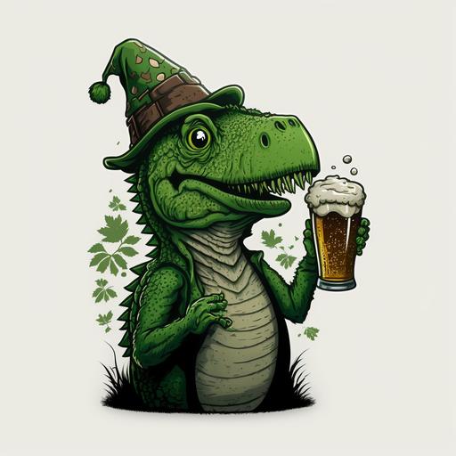 irish drunk tyrannosaur holding beer glass, green gnome hat, funny, four leaf clover, grunged, vector, cartoon, comic, realistic, 1990