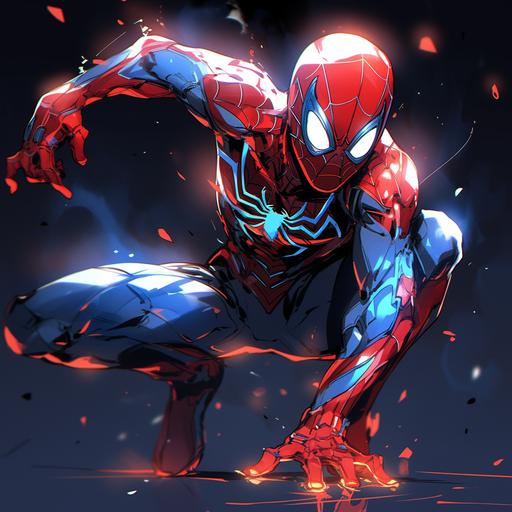 iron spiderman suit, blue and red only, metallic, light blue neon eyes, lean, dynamic pose --niji 5