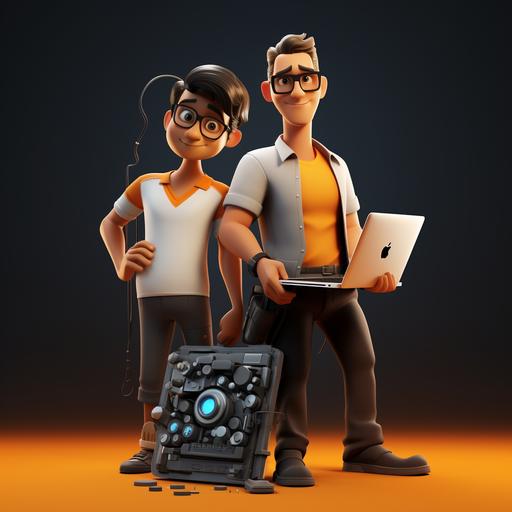 Create 3D rendered movie poster with a Disney-inspired theme. The setting is a minimalist black design studio accentuated with orange details. There are two main characters. A 50-year-old cool Australian man with dark hair, goatty, glasses, wearing a white collared shirt and blue jeans, confidently holding a laptop. He is accompanied by Bangy, a cheeky-looking silveback gorilla mascot. Above them, the title 
