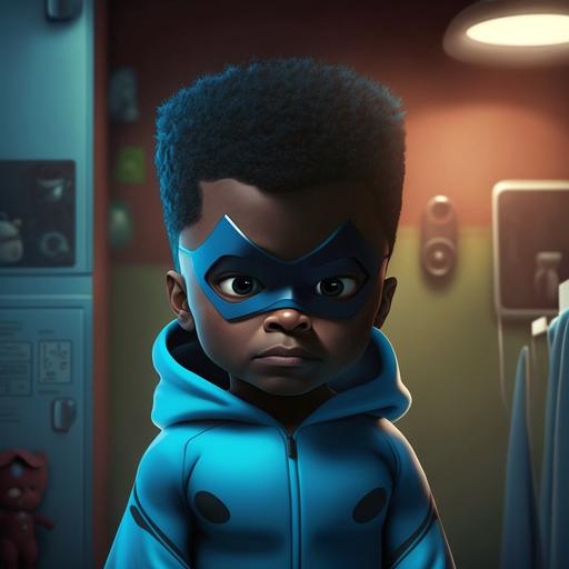 Pixar animation of black kid with fade haircut eager to wear his new blue superhero onesie pajamas