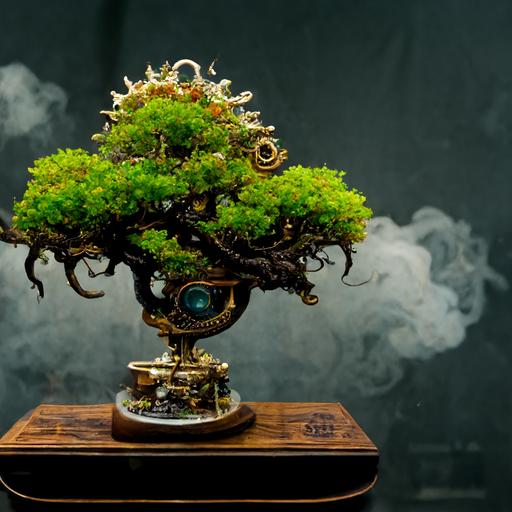 surrealism, steampunk bonsai tree in heaven, with God prunning tree, photo realistic, hyper detailed, -- 4k ar 16:9