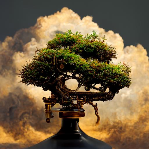 surrealism, steampunk bonsai tree in heaven, with God prunning tree, photo realistic, hyper detailed, -- 4k ar 16:9