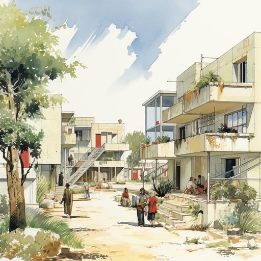 islaeli settlers in the West Bank building houses in the 1970s, vector, illustrated, water color