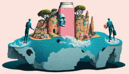 island as a metaphor for the human psyche, inspired by Deleuze and Christo and Jeanne-Claude, surreal collage style, an island made of pink fabric surrounded by blue water and beer cans, a human figure emerging from the fabric with multiple faces and expressions, --ar 16:9