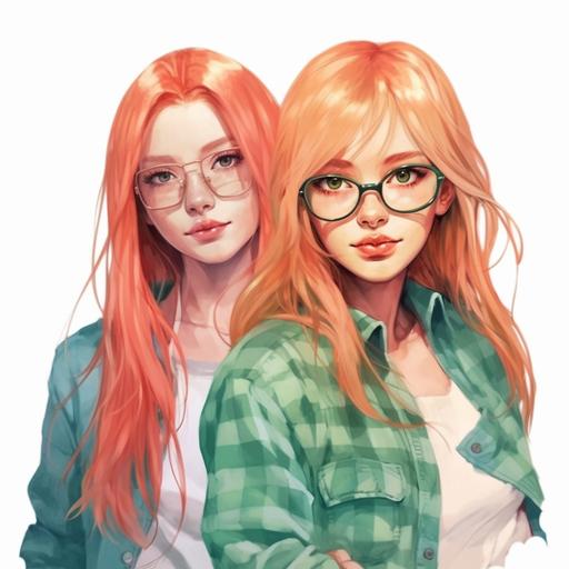 isolated on white, photorealistic, nightcore, two girls blonde and ginger, twenty years old side by side, same green t-shirt, loose long hair, doll look makeup, goggle eyes, blonde smiles broadly, she admires and is surprised, second girl pursed her lips like a duck