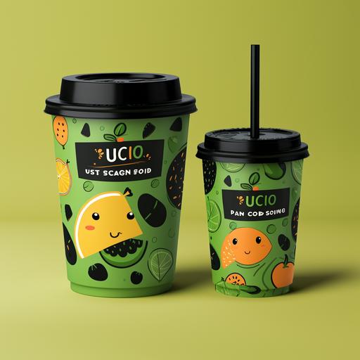 isologo for kid juice shop, using green and black color schemes, fruit pictues, and juice cups