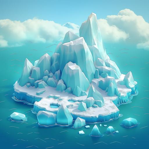 isometric board game style landscape of ice island surrounded by sea with mountain fantasy cartoon platformer style --v 6.0