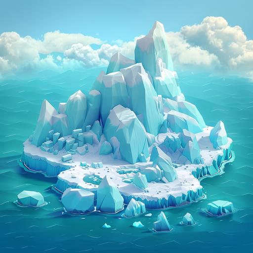isometric board game style landscape of ice island surrounded by sea with mountain fantasy cartoon platformer style