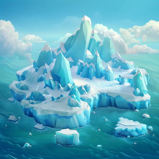 isometric board game style landscape of ice island surrounded by sea with mountain fantasy cartoon platformer style