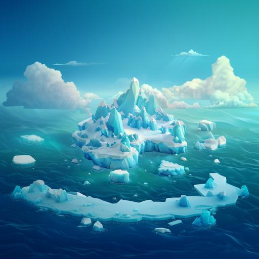 isometric board game style landscape of ice island surrounded by sea with mountain fantasy cartoon platformer style --v 6.0