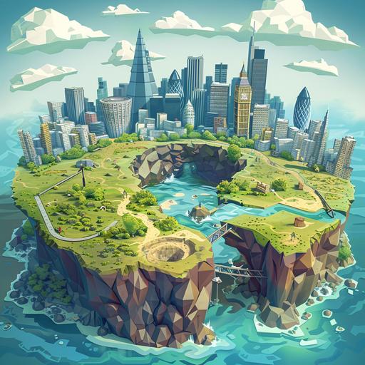isometric board game style landscape of london city island surrounded by sea with skyscrapers and fields with a mining cave fantasy cartoon platformer style --v 6.0