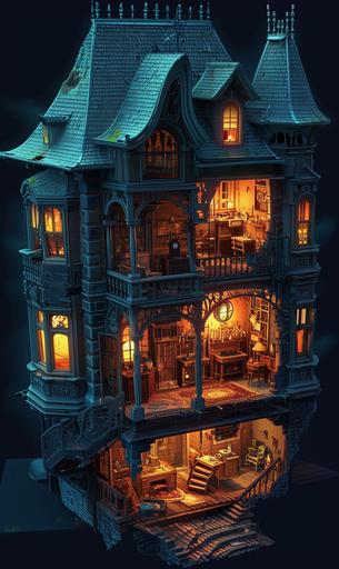 isometric cutaway haunted house animation --ar 3:5 --v 6.0