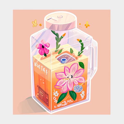 isometric cute transparent milk carton with cute tea and flowers and stickers inside --v 6.0