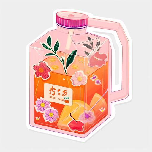isometric cute transparent milk carton with cute tea and flowers and stickers inside --v 6.0