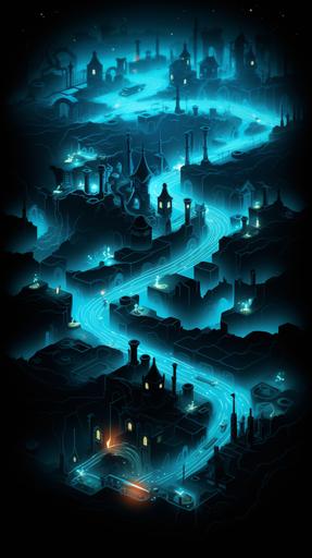 isometric drawing of a journey map, castles scattered, laid out vertically, game-map, subtle cyan and blue neon glow, black background --ar 9:16