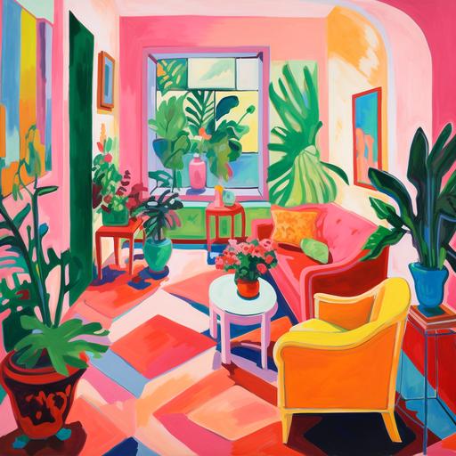 isometric fauvism, henri matisse, bright colours exploding, happy expressionism, light pink and emerald green, dark pink and light green, yellow, crimson and light crimson
