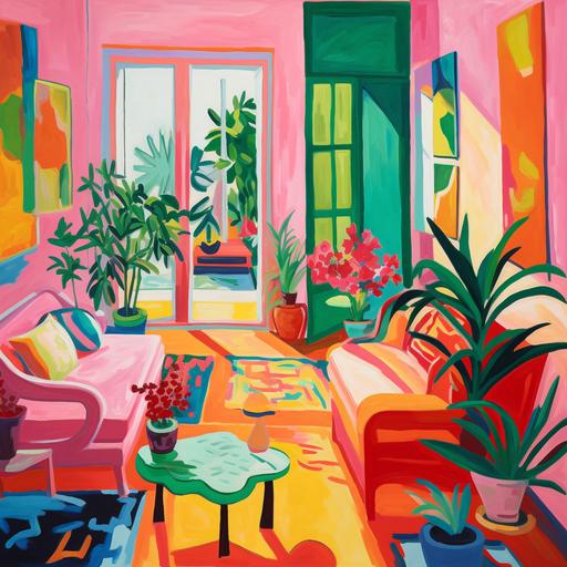 isometric fauvism, henri matisse, bright colours exploding, happy expressionism, light pink and emerald green, dark pink and light green, yellow, crimson and light crimson
