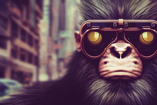 isometric humanoid ape, wearing stunner shades, cyberpunk, photorealistic, steampunk —ar 1920:1080  --upbeta --s 1250 --testp --upbeta