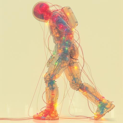 isometric lined picture of a human body,corinthian Mechanical android unit surrounded by cables in a weightless space , by julien le clergue --chaos 10 --stylize 600 --v 6.0