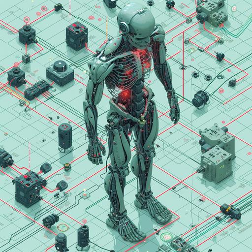 isometric lined picture of a human body,corinthian Mechanical android unit surrounded by cables in a weightless space , by julien le clergue --chaos 10 --stylize 600 --v 6.0