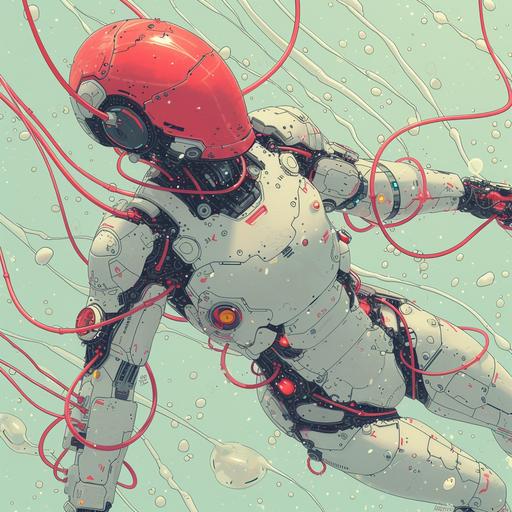 isometric lined picture of a running human body,corinthian Mechanical android unit surrounded by cables in a weightless space , by julien le clergue --chaos 10 --stylize 600 --v 6.0