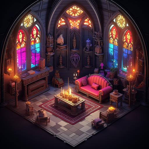 isometric room, gothic rainbowcore living room