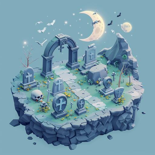 isometric stylized 3d graveyard. Moon design