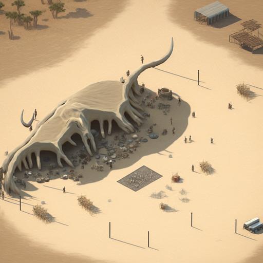 isometric view of a giant whale skull fossil camp mad max desertpunk --chaos 50 --v 4