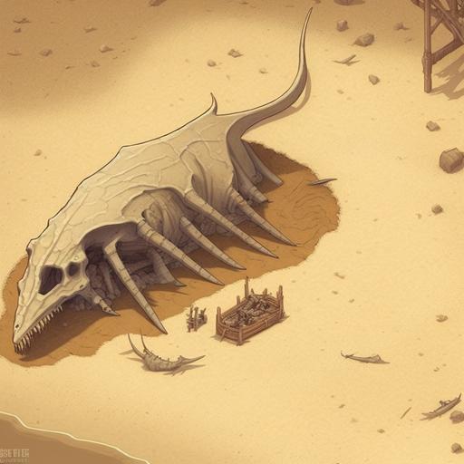 isometric view of a giant whale skull fossil camp mad max desertpunk --chaos 50 --v 4