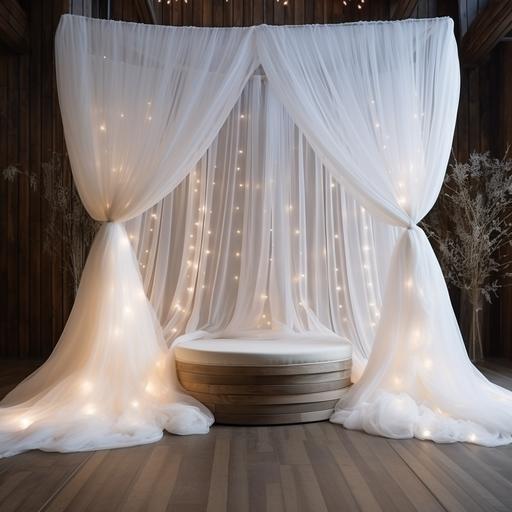 nature Decoration thin White Tulle Roll Crystal Organza Sheer Fabric curled on a wooden canopy