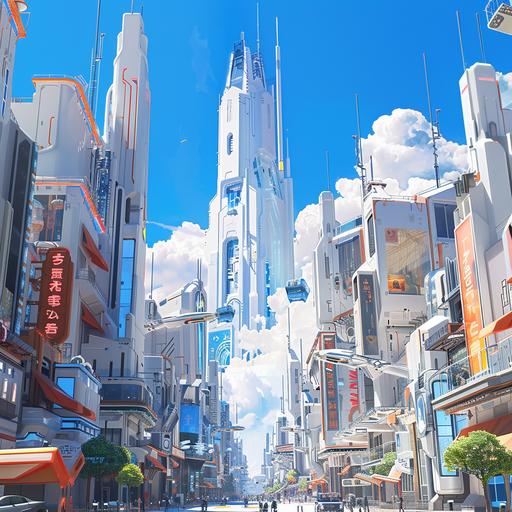 future city, science fiction, tall white buildings, street, central composition, morning, clear weather, blue sky, white clouds, steampunk, neon signs, game art