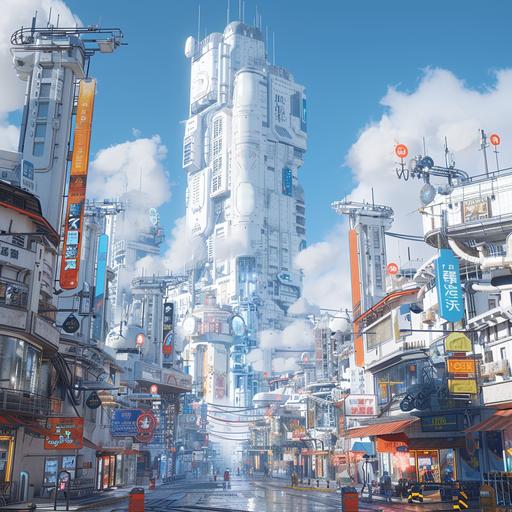 future city, science fiction, tall white buildings, street, central composition, morning, clear weather, blue sky, white clouds, steampunk, neon signs, game art