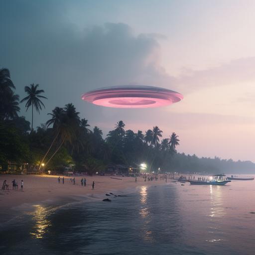 hyper real image of aliens abducting humans to a pink alien ship hovering over vypin islands kerala ar 16:9