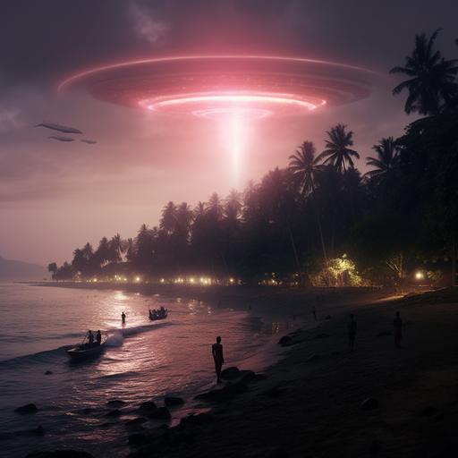 hyper real image of aliens abducting humans to a pink alien ship hovering over vypin islands kerala ar 16:9