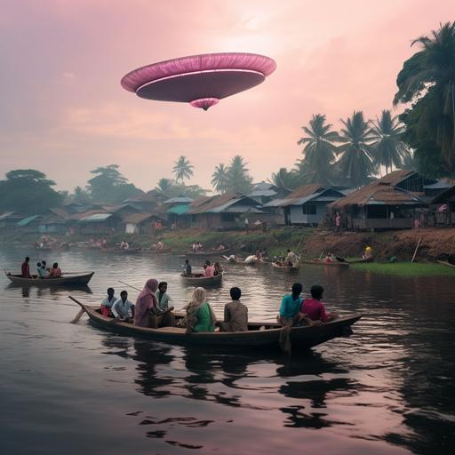 hyper real image of indian people sending food to a pink alien ship hovering over vypin islands ar 16:9