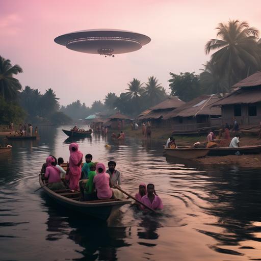 hyper real image of indian people sending food to a pink alien ship hovering over vypin islands ar 16:9