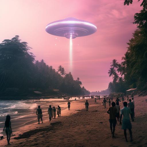 hyper real image of people going up towards a pink alien ship hovering over vypin island kerala ar 16:9