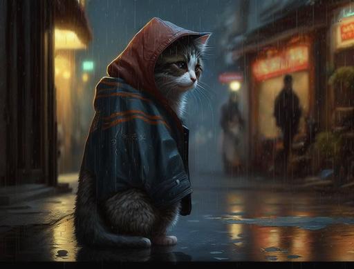 it was a quiet night in the citadel, soft rain, vendors lining the streets waiting for customers, a cute small cat begging for scraps, reflections from the rain, cyberpunk --ar 4:3 --q 2