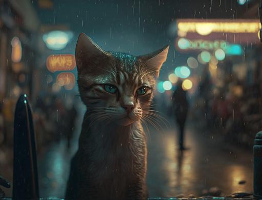 it was a quiet night in the citadel, soft rain, vendors lining the streets waiting for customers, a cute small cat begging for scraps, reflections from the rain --ar 4:3 --c 25 --q 2