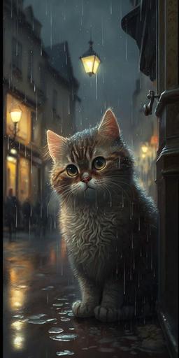 it was a quiet night in the citadel, soft rain, vendors lining the streets waiting for customers, a cute small cat begging for scraps, reflections from the rain --ar 1:2 --q 2