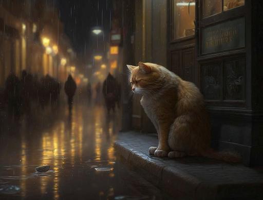 it was a quiet night in the citadel, soft rain, vendors lining the streets waiting for customers, a cute small cat begging for scraps, reflections from the rain --ar 4:3 --q 2