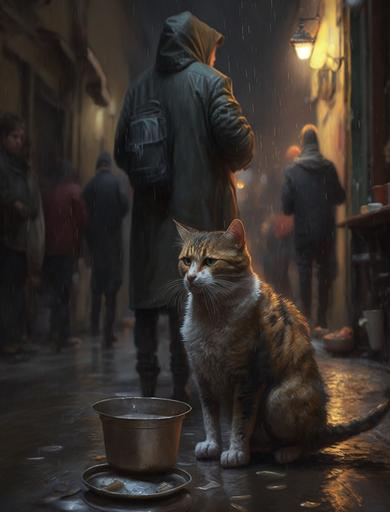 it was a quiet night in the citadel, unagressive rain, vendors lining the streets waiting for customers, a stray cat begging for scraps --ar 3:4 --q 2