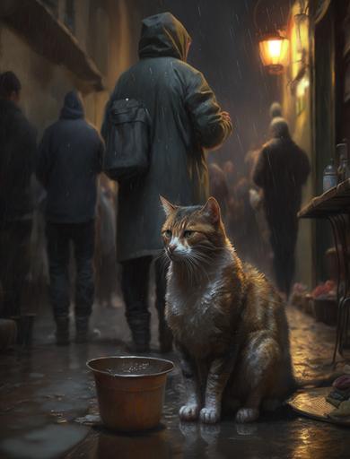 it was a quiet night in the citadel, unagressive rain, vendors lining the streets waiting for customers, a stray cat begging for scraps --ar 3:4 --q 2