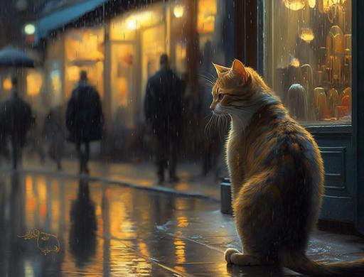 it was a quiet night in the citadel, unagressive rain, vendors lining the streets waiting for customers, a cute stray cat begging for scraps, pretty colors, reflections from the rain --ar 4:3 --q 2