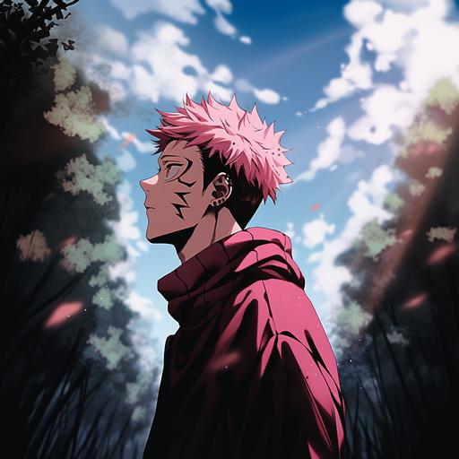 itadori from jujutsu kaisen, 80’s anime style, trees and sky in background, bright colours --niji 5