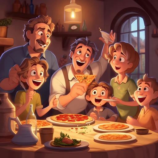 italian family during dinner, wine, pizza, laugh, cartoon, 8k