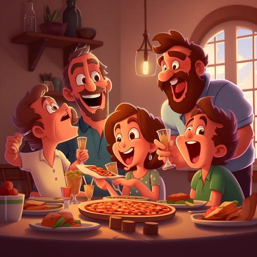 italian family during dinner, wine, pizza, laugh, cartoon, 8k